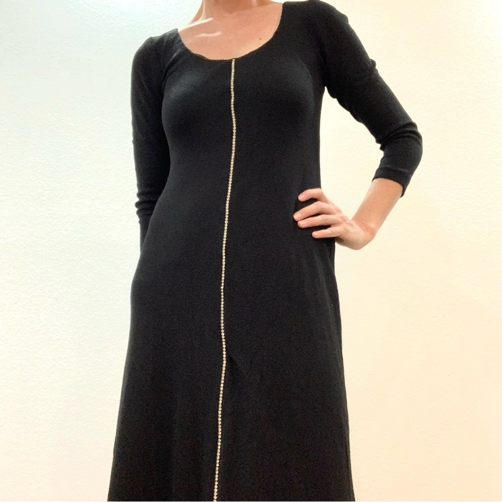Vintage Morticia Addams black knit dress with rhinestones